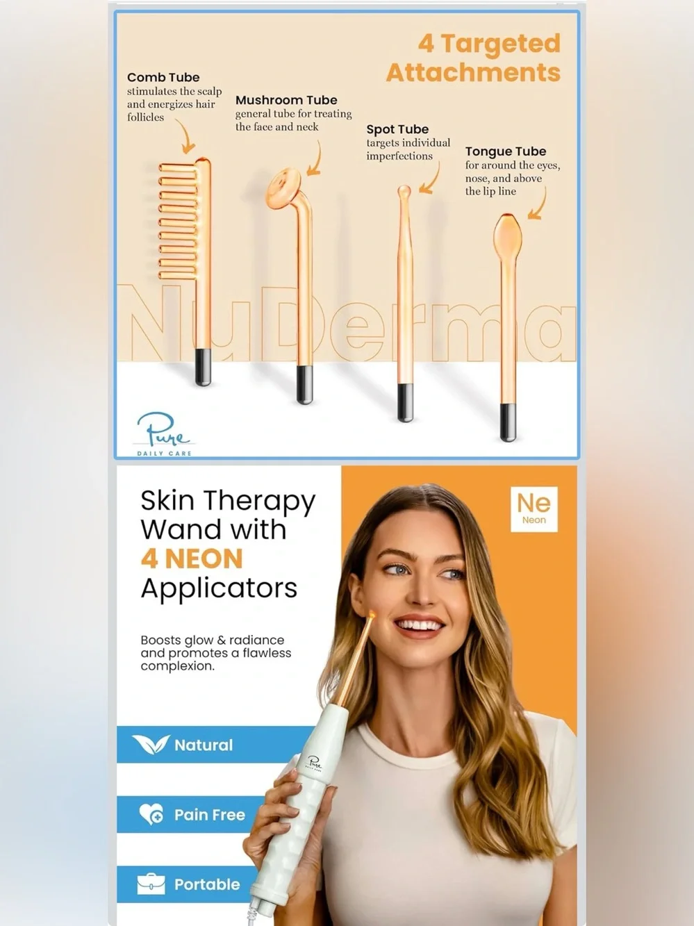 Pure Daily Care NuDerma Handheld Skin Therapy Wand Machine w/Neon New Open Box